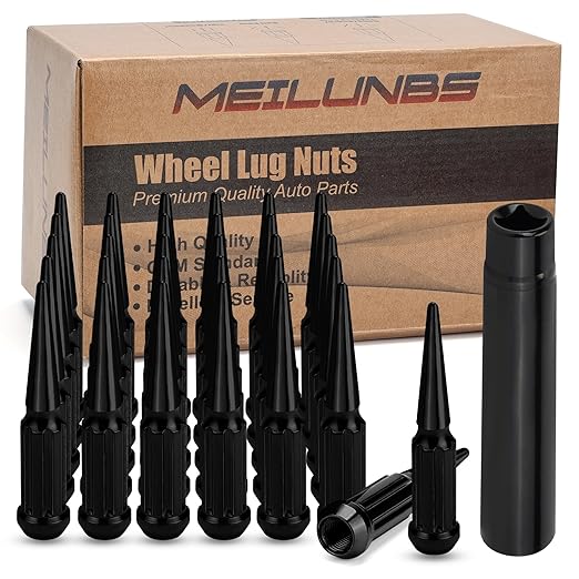 32Pcs M14x1.5 Spike Lug Nuts, 4.4" Tall Acorn Style with Socket Key – Compatible with Chevy Silverado, Ford F-Series, GMC, Black