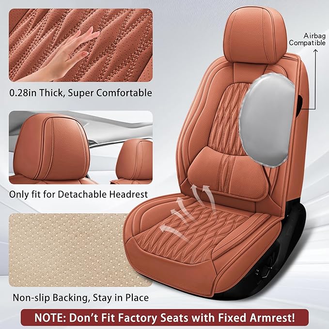 WELLDO Car Seat Covers Full Set, Premium Nappa Leather Seat Covers for Car, Waterproof Car Seat Protector with Lumbar Support, Automotive Seat Covers Universal Fit for Most Cars SUV Truck, Brown