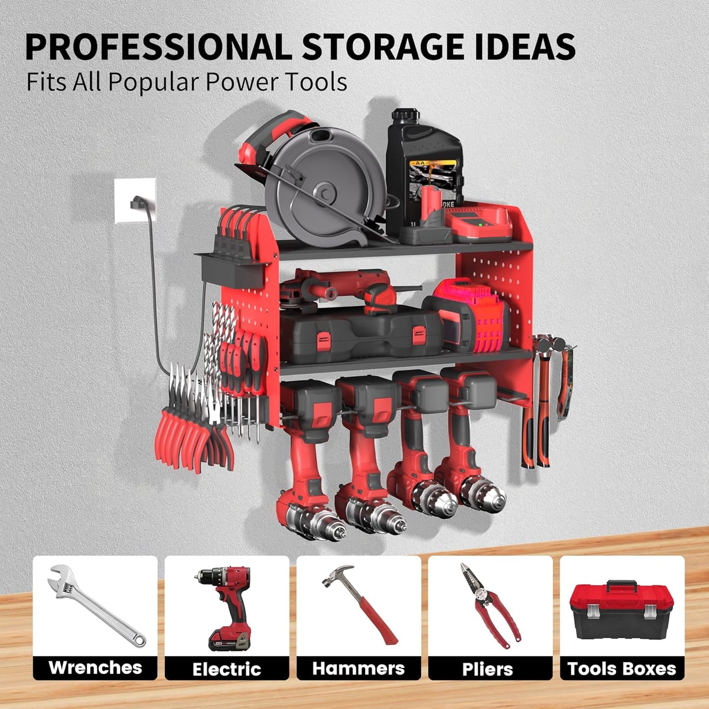 Power Tool Organizer Wall Mount – Adjustable Shelf, Side-Mounted 4-Outlet Charging Station | Heavy Duty Steel Drill Holder with Pegboards, Hooks & Drill Bit Rack for Garage & Workshop Storage(Red)