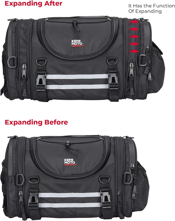 KEMIMOTO Motorcycle Motorcycle Tail Bags 18-20L Expandable Sissy Bar Bag Water-Resistant Rear Seat Roll Luggage Hard Shape with Rain Cover & 4 Straps