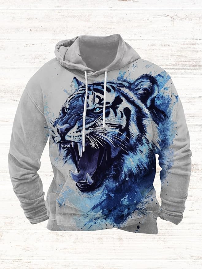 Mens Animal Print Graphic Hoodies Casual Long Sleeve Japanese Art Style Hooded Sweatshirt Lightweight Pullover Tops