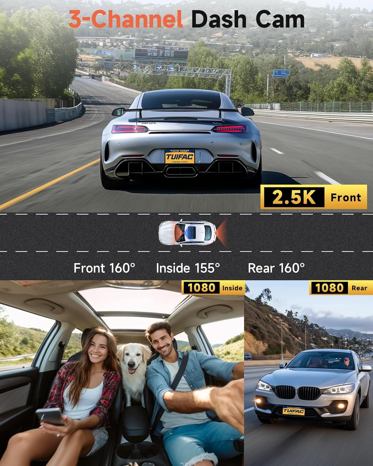 3 Channel Dash Cam, Dash Camera 2.5K Front and Dual 1080P Inside/Rear with 64GB Card, Wi-Fi Dash Cam Front and Rear, Night Vision, G-Sensor, 24H Parking, Loop Recording, 1.97”IPS, Support 256GB