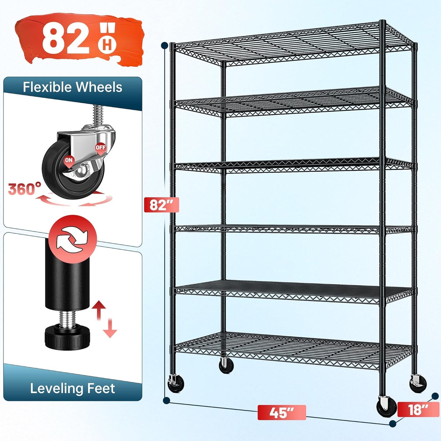 82" H X45 W X18 D Storage Shelves with Wheels, 6 Tier Wire Shelving Adjustable Metal Shelving Pantry Shelves Capacity 1200LBS for Garage Shelving, Pantry, Kitchen, Closet, Black