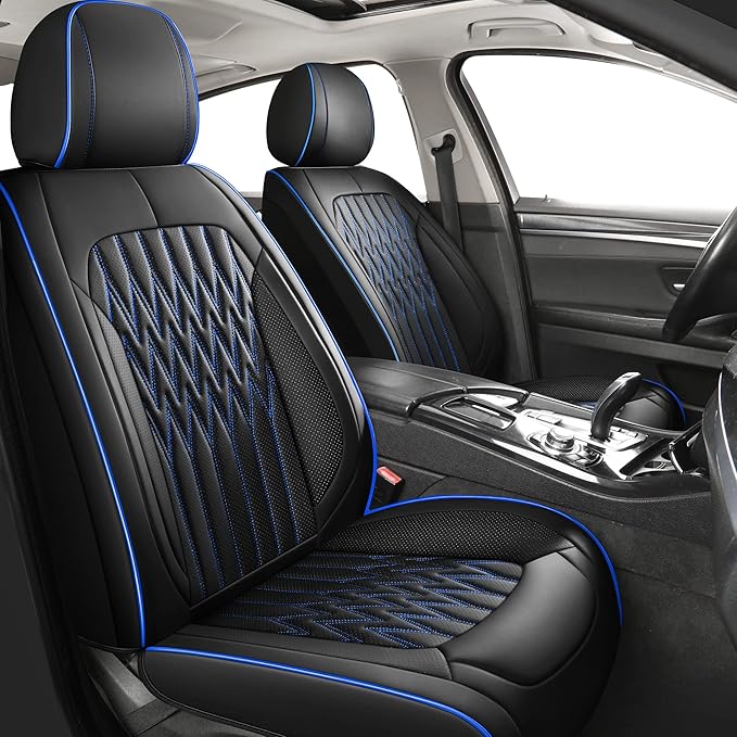 Huidasource Car Seat Covers, Waterproof Leather Vehicle Cushion Covers, Universal Fit for Most Sedan SUV Pickup Truck, Fit for Jeep Acura Honda Civic Nissan Mazda Dodge Buick (Full Set/Black&Blue)