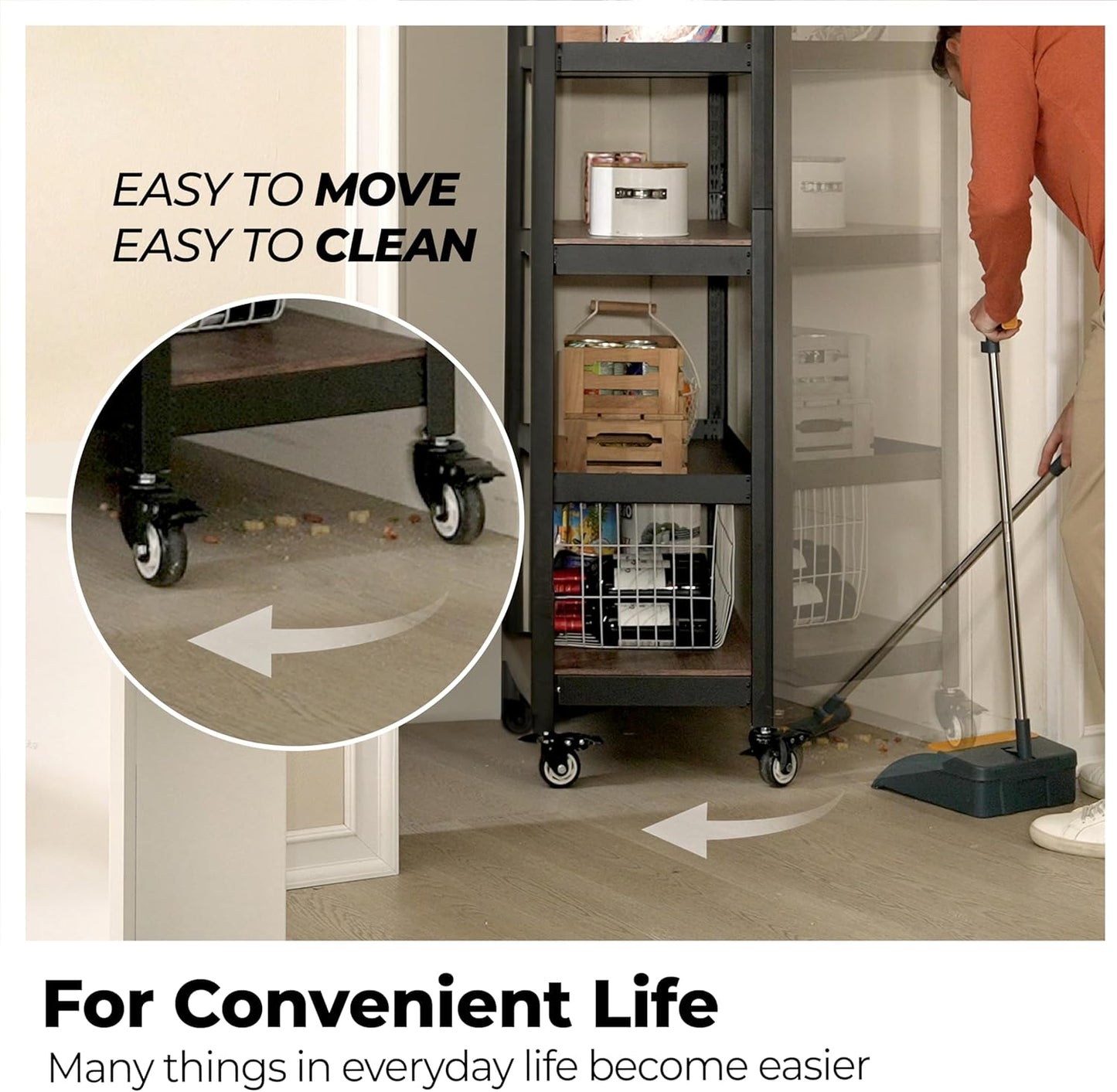 HOMEDANT House 5-Tier Metal Rolling Cart Shelf Rack Casters Heavy Duty Laminated Wheel Shelving Unit Adjustable Utility Storage Shelves Organizer Shelf Kitchen Garage 36.2" W x 16.5" D x 69.5" H 4Pack