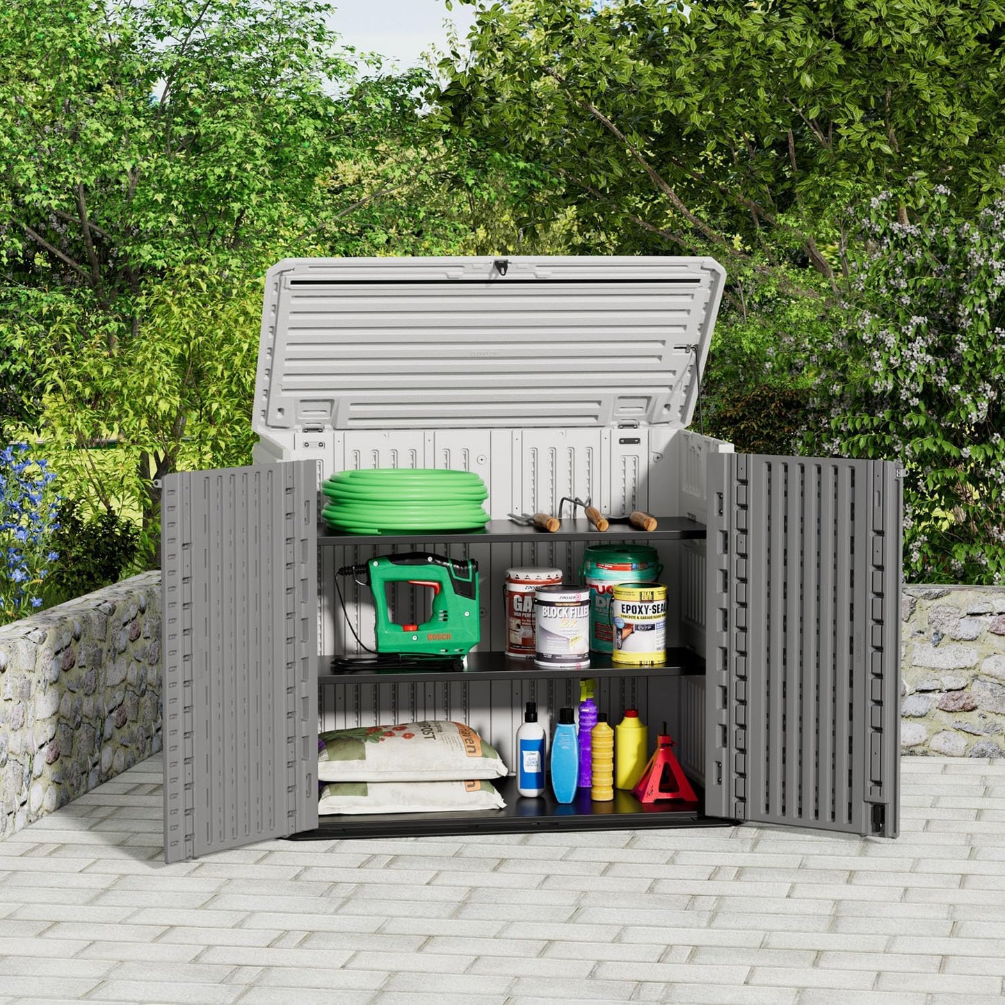 ZZM Outdoor Storage Shed Diamond Texture 4x3FT Horizontal Shed | 34 Cu.Ft Waterproof Resin Cabinet with Double-Wall | UV-Resistant & Lockable for Garden Tools, Bikes, Patio Furniture (Grey-White)