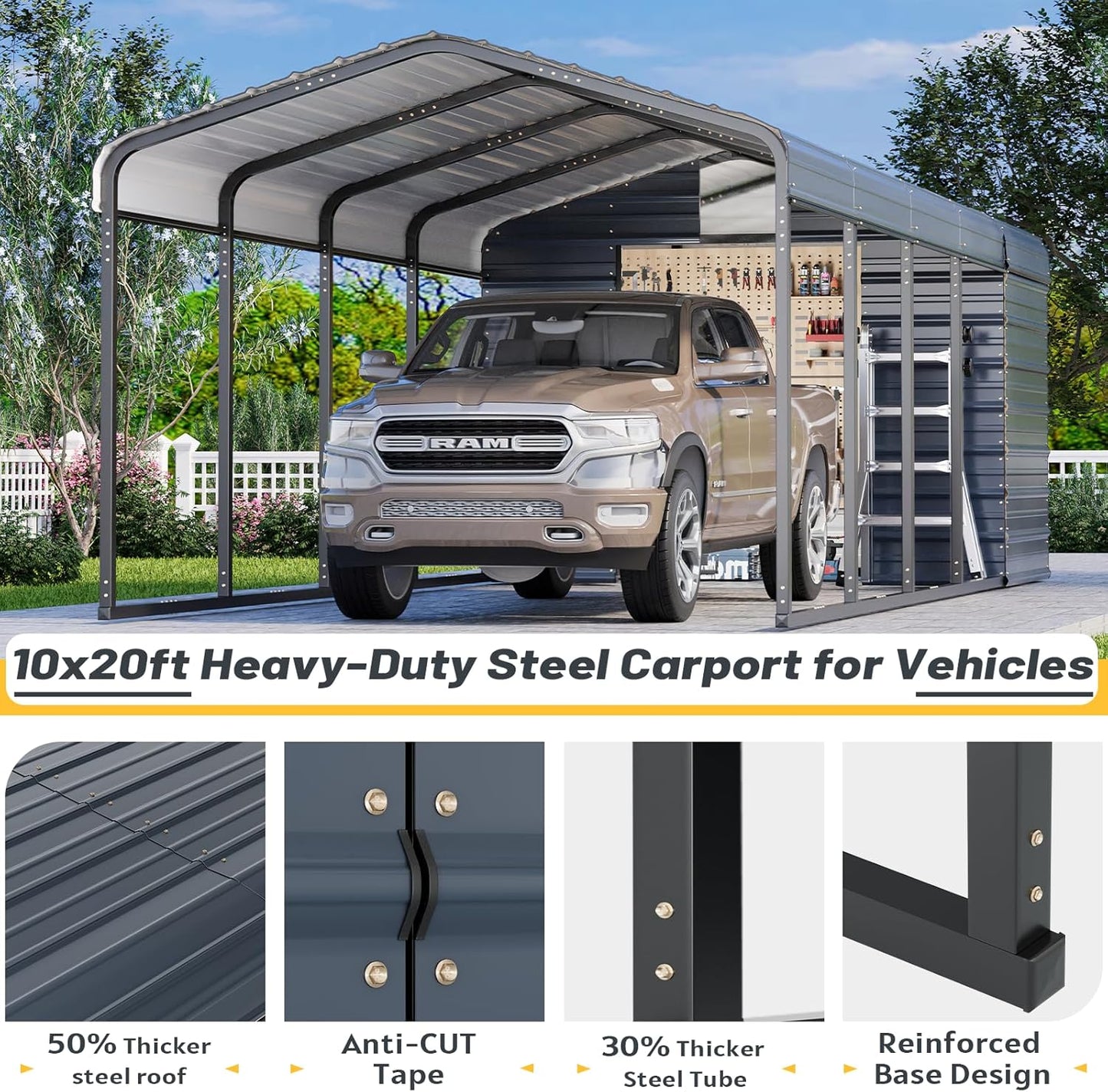 EROMMY 10x25 FT Carport Storage Shed 2-in-1, Heavy Duty Car Port with Galvanized Metal Frame, Base-Reinforced Enclosed Storage Shelter, Extended Coverage for Trucks, Cars & All Vehicles, Gray