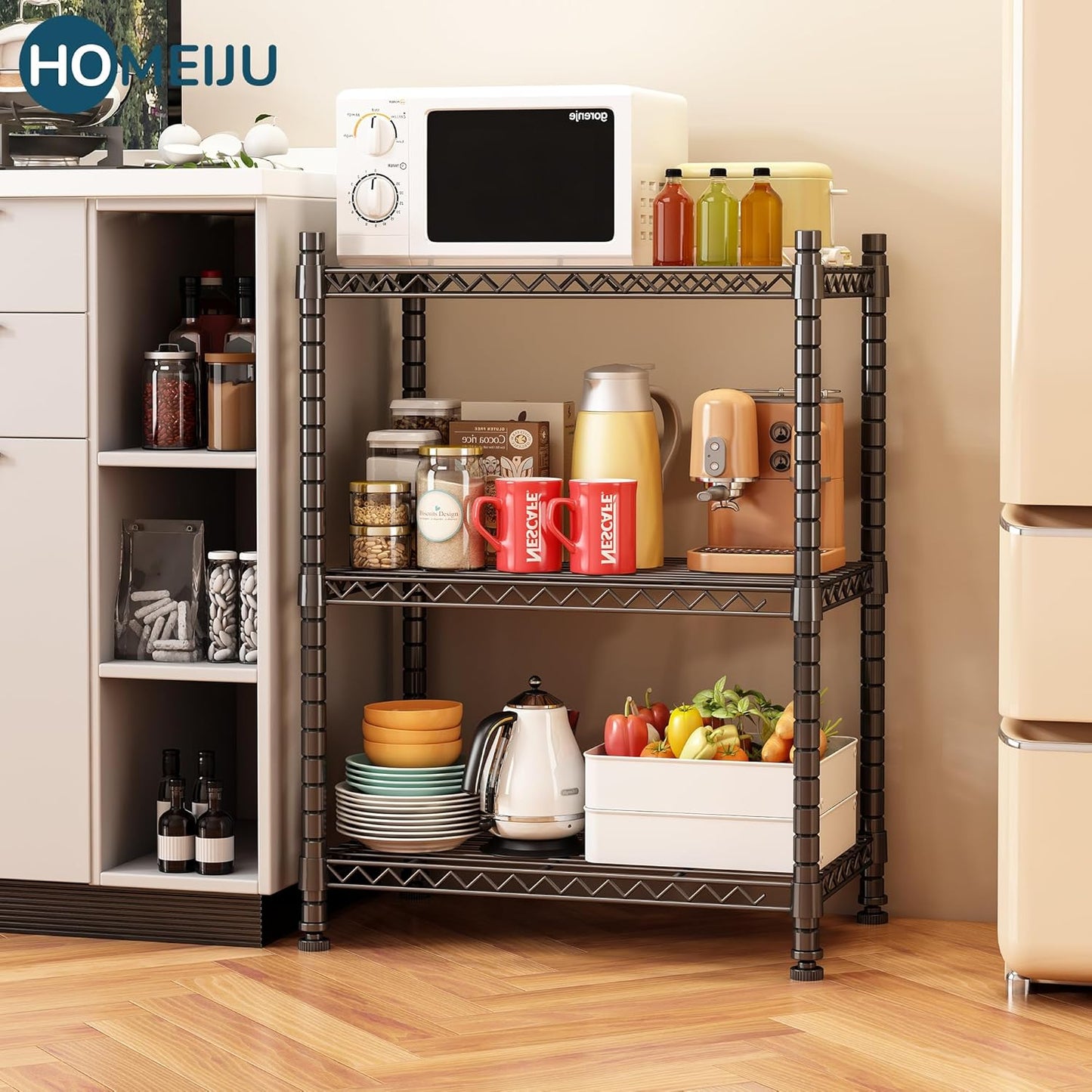 Homeiju 3-Shelf Storage Rack,Adjustable Height Metal Shelving Unit,Heavy Duty Storage Shelving Unit,Wire Rack Shelving,Garage Organizer for Home,Kitchen,Office,Pantry,Garage（13.5"D x 23.4"W x 31"H）