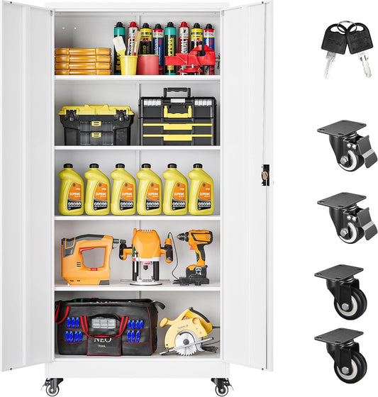 75" Tall Metal Storage Cabinet with Wheels,Rolling Garage Storage Cabinet with Lock,White Metal Cabinets with Wheels and Shelves,Tool Cabinets on Roller for Garage,Home,Office,Shop