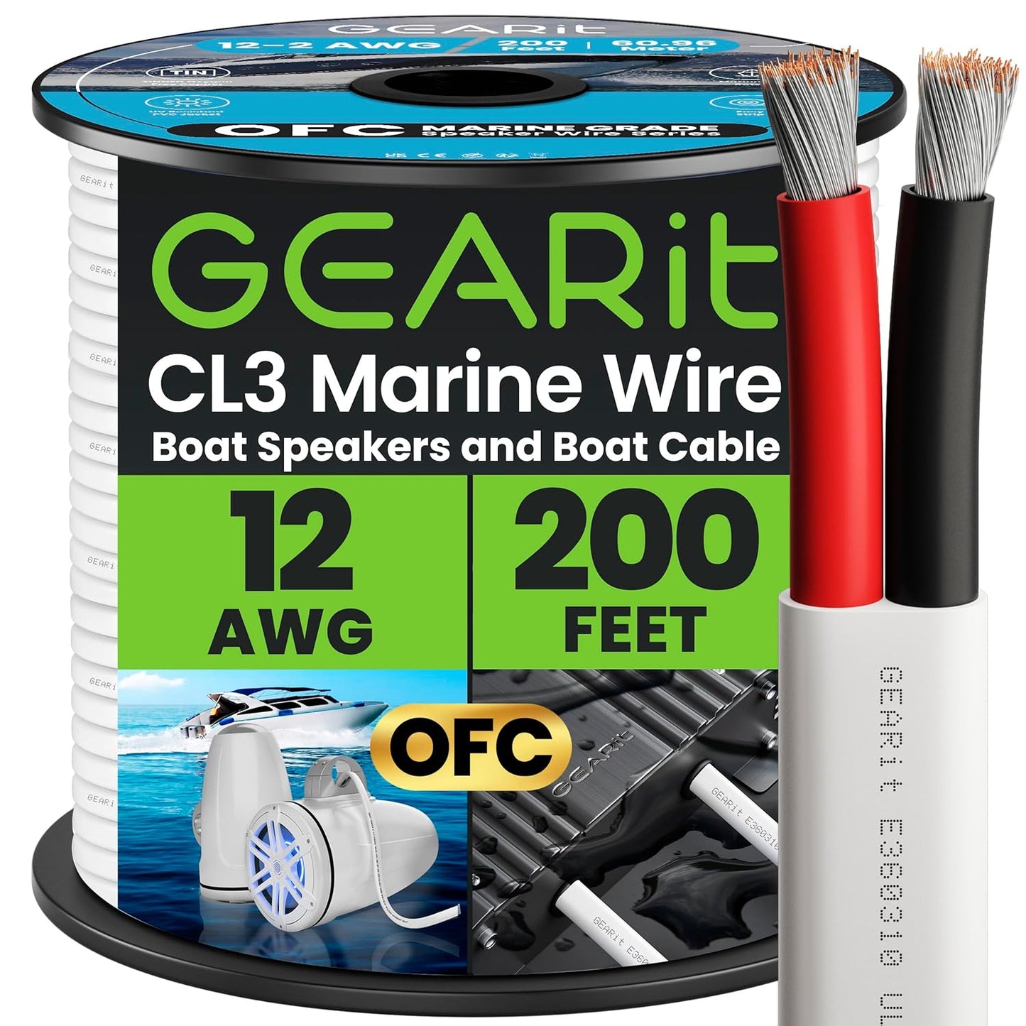 GEARit 12 Gauge Marine Wire, 12/2 AWG (200ft) Marine Grade Tinned Copper Oxygen Free, Duplex 2-Conductor Insulated Red & Black Electrical Cable for Boat, Automotive, RV, Camper, Trailer