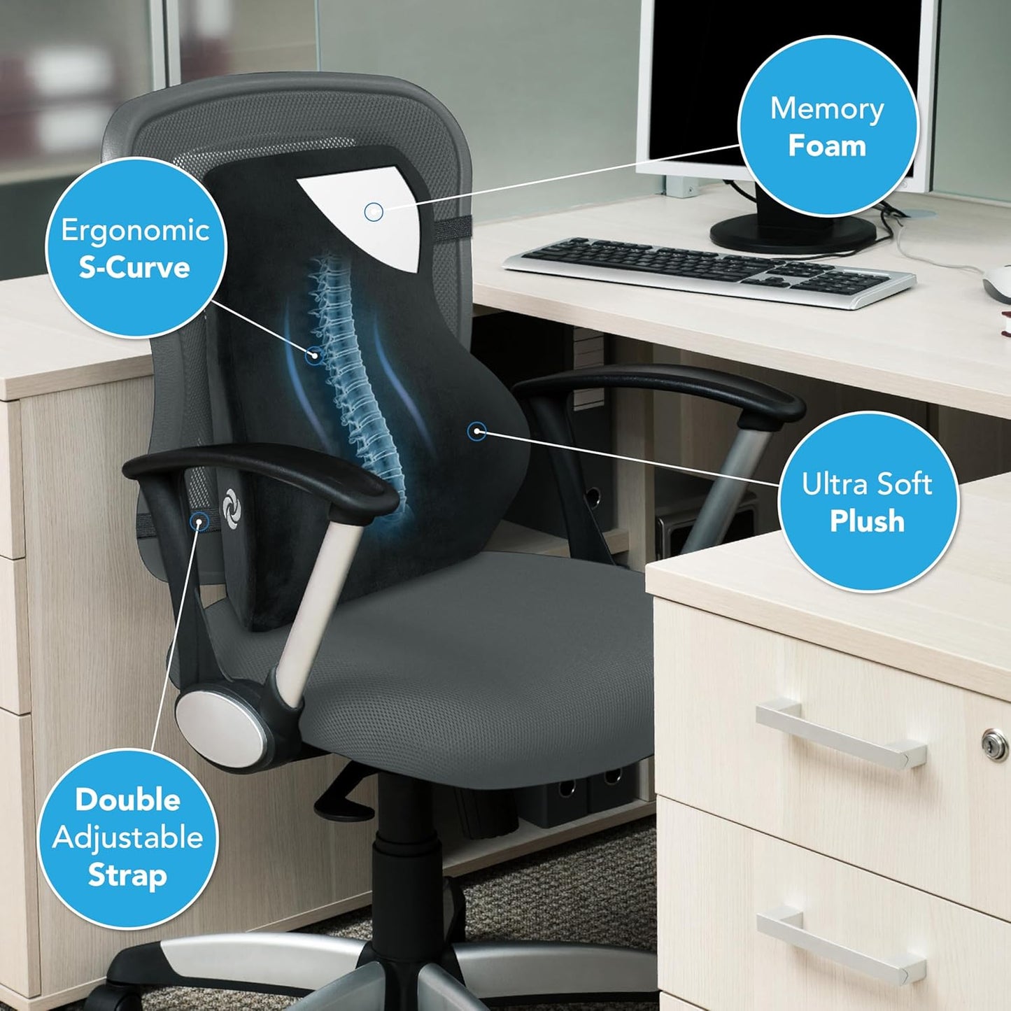 Samsonite Lumbar Support Pillow Mid and Lower Back– Office Chair Back Cushion, Gaming Chair, Desk Chair, Car Seat Lumbar, Work from Home Office Accessories, Black