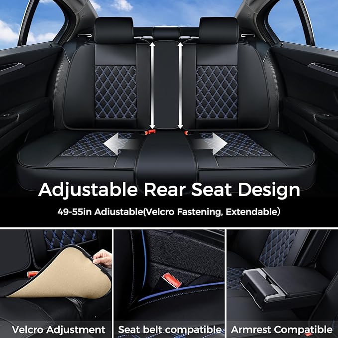 Huidasource Car Back Seat Cover, Leather Anti Slip Automotive Rear Seat Cover Protector, Back Seat Car Cover Velcro Adjustable Universal Fit for Most Cars Sedan SUV Pickup Truck (Back Row/Black&Blue)