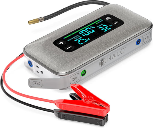 HALO Bolt Ultimate 3 Portable Car Battery Jump Starter | 130 PSI Air Compressor, 55.5Wh USB Power Bank, Large Display, Emergency Floodlight & Charger, Jumps Cars SUVs & Trucks, Inflates Tires — Silver