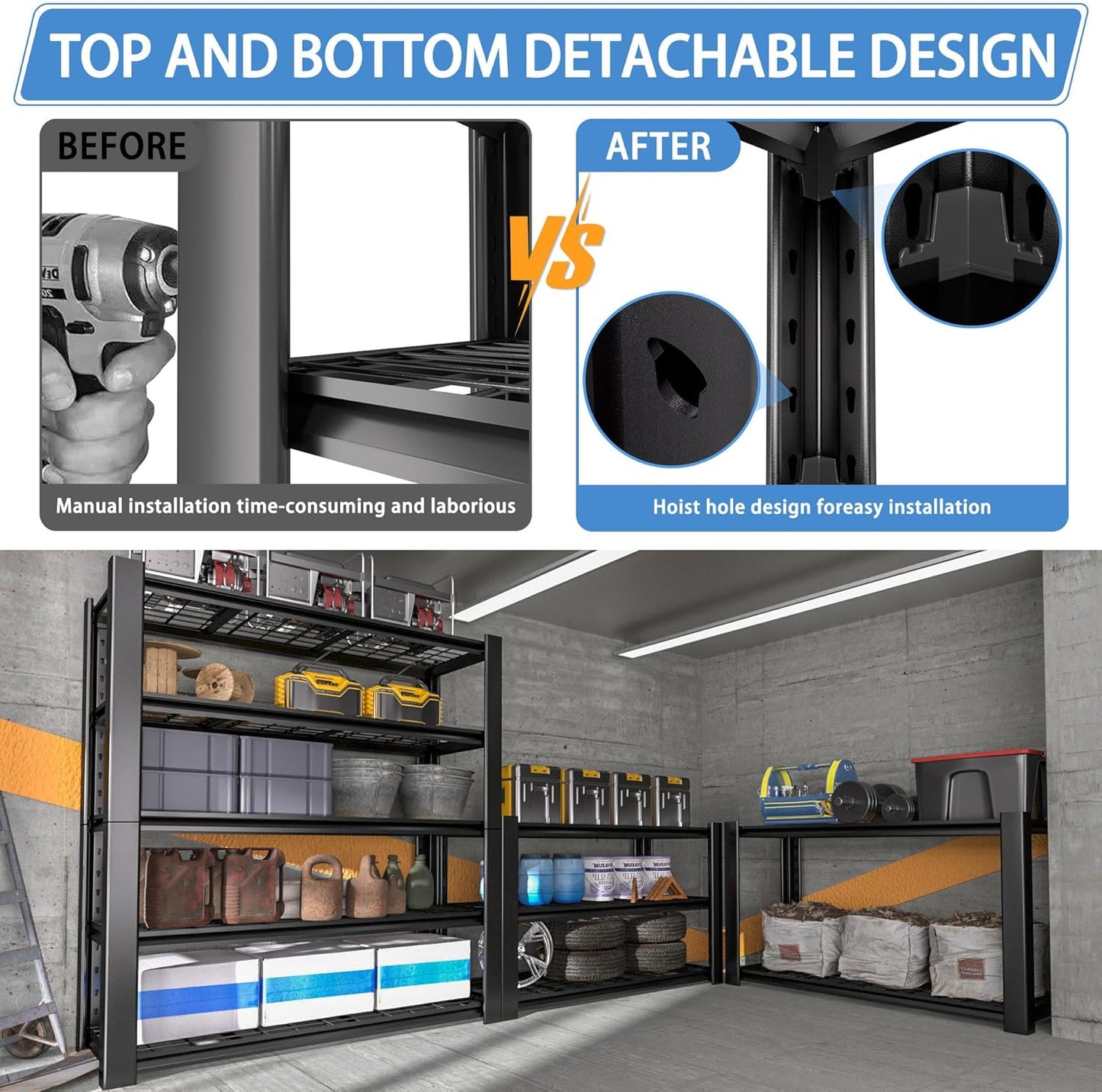 5-Tier Heavy Duty Garage Shelving Unit with Wire Shelves,3000 LBS Capacity Metal Storage Rack 76"H x 60"W x 24"D,Adjustable Boltless Steel Shelves for Garage,Basement,Pantry,Warehouse.3 Pack