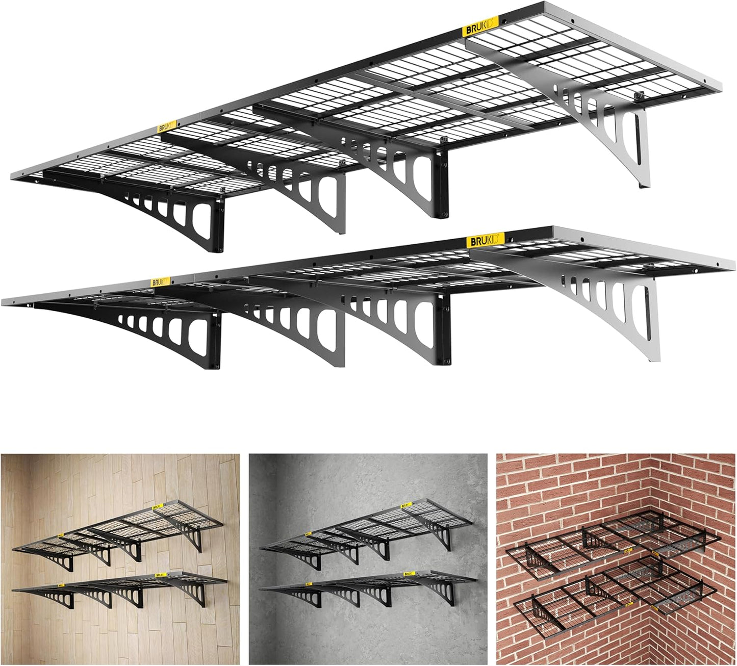 2x3ft Adjustable Rail Wall Garage Storage Shelf, for Tool Room, Storage Room, Store Supermarket Wall Storage Shelving Rack (4 Pack-Black)