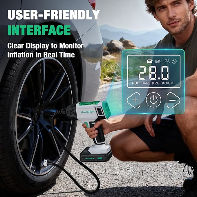 HAUSHOF Tire Inflator Portable Air Compressor, 150 PSI Cordless Air Pump with Digital Pressure Gauge, 20V Rechargeable Battery & 12V DC Power, Auto Shut-Off for Cars, Motorcycles, Bikes