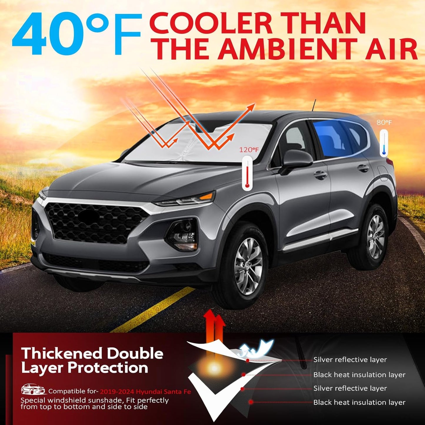 KAYZT Windshield Sun Shade for 2019-2025 2026 Hyun-dai Santa Fe Foldable Sunshade Front Window Custom Fit Car Accessories