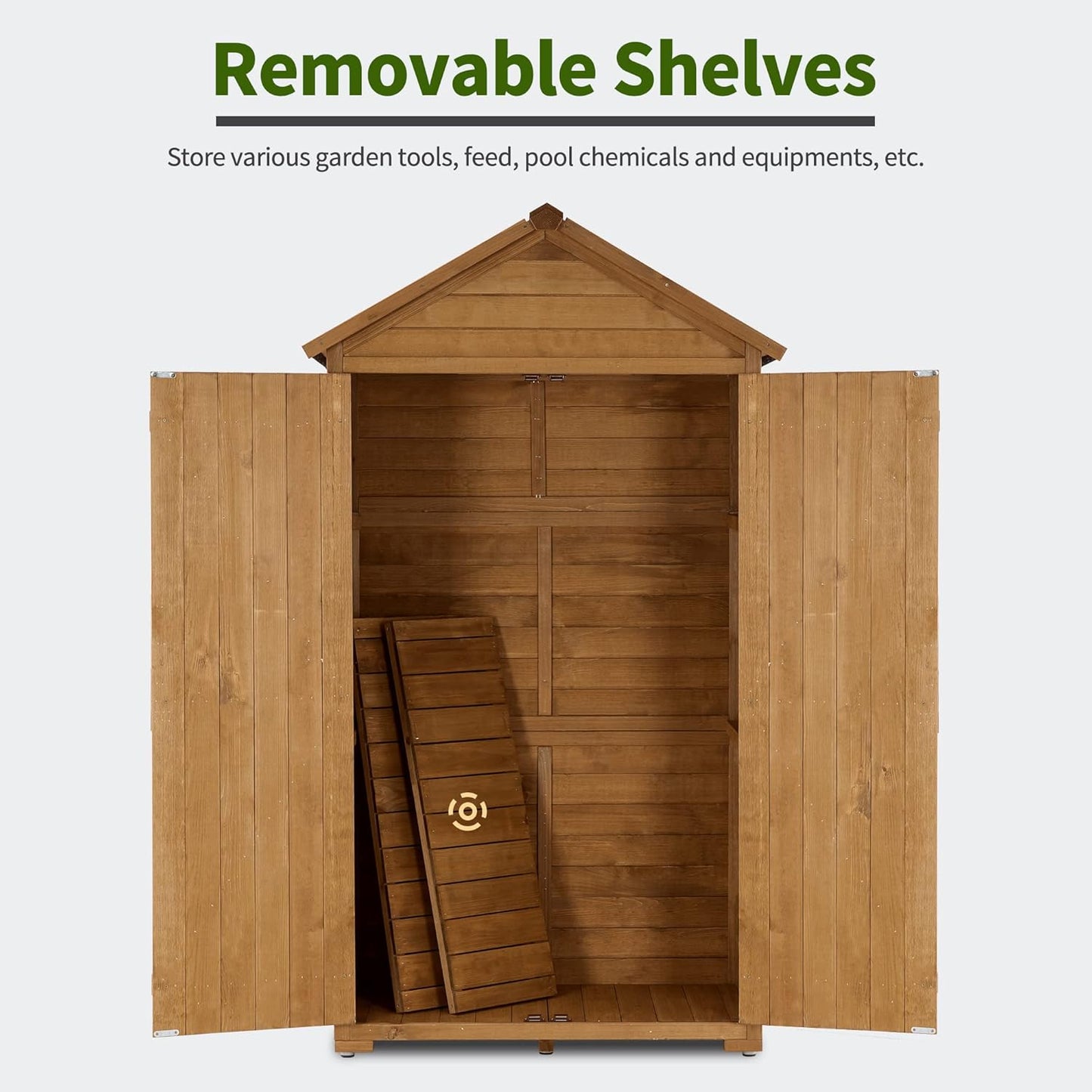 MCombo Outdoor Storage Cabinet with 2 Shelves, Outside Storage Shed with Floor, Wooden Garden Tool Shed with Latch for Yard Deck Lawn, 1000