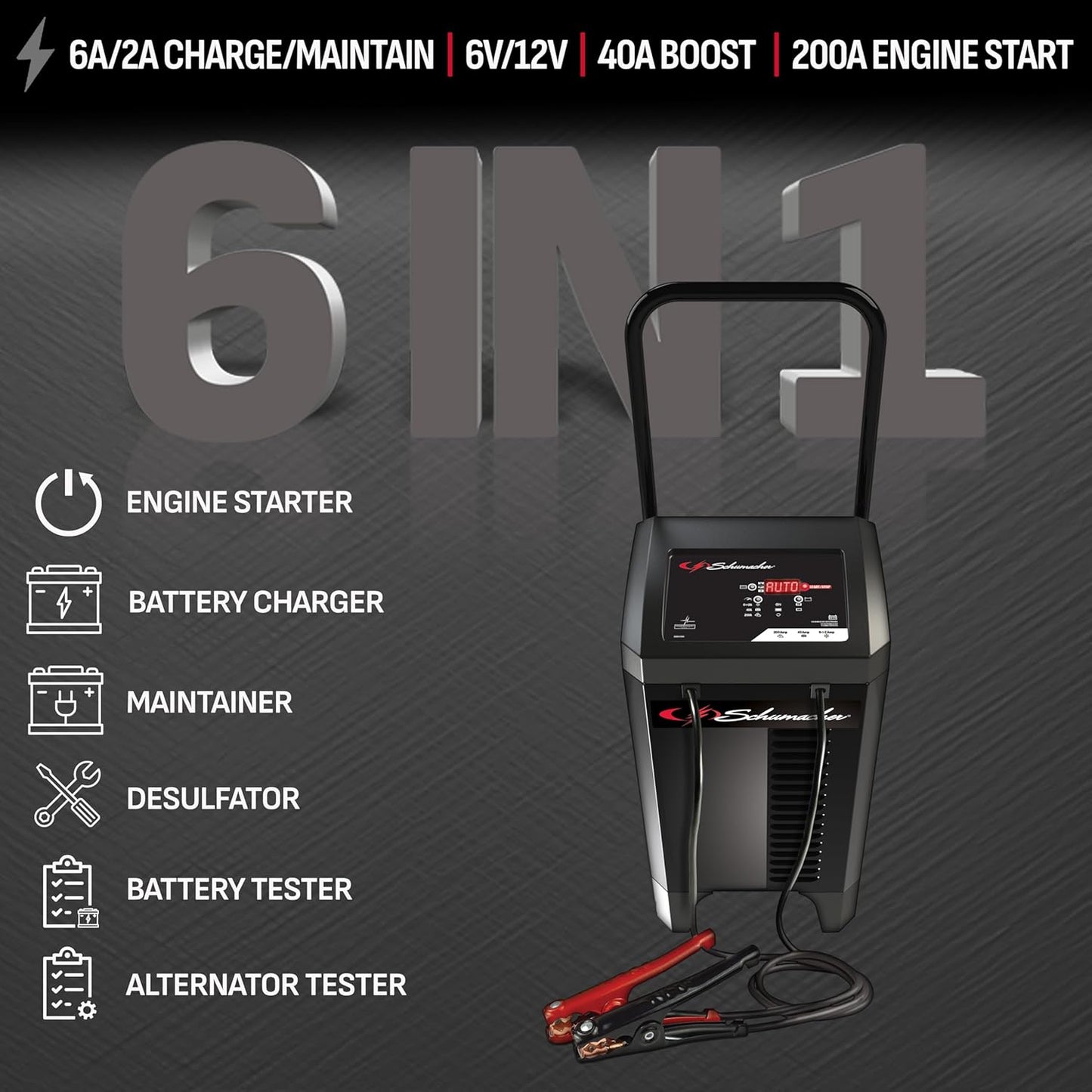 Schumacher Electric Wheeled Battery Charger and Engine Starter, SC1353, 6-in-1, Fully Automatic, with Diagnostics, 200 Cranking Amps, 40 Amp Boost Mode, 6V, 12V, for Car, Truck, and Marine Batteries