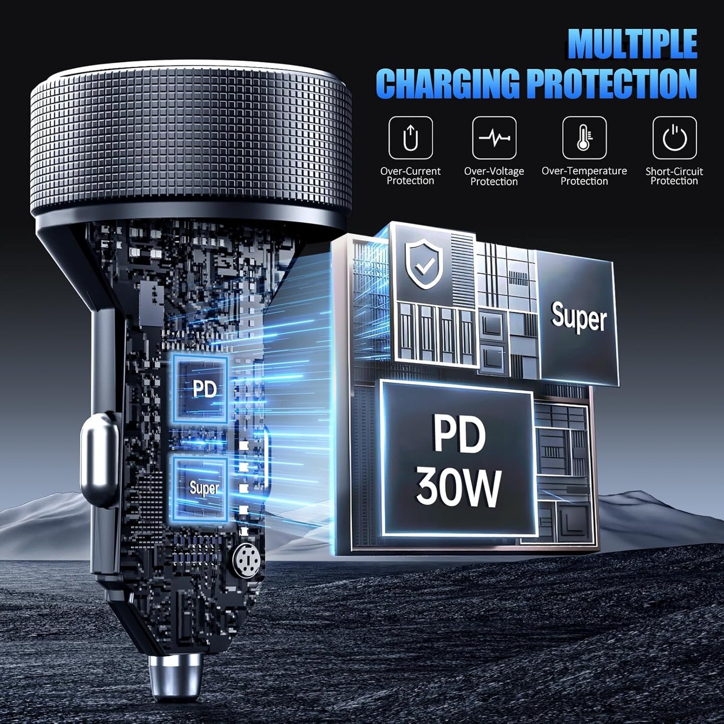 Car Charger with USB C Cable, 78W 4 Port Car Phone Charger Adapter Fast Charging, Dual USB C Car USB Adapter for iPhone 16 15 14 13 12, iPad, Samsung Glaxy, Android (Black & Cable)