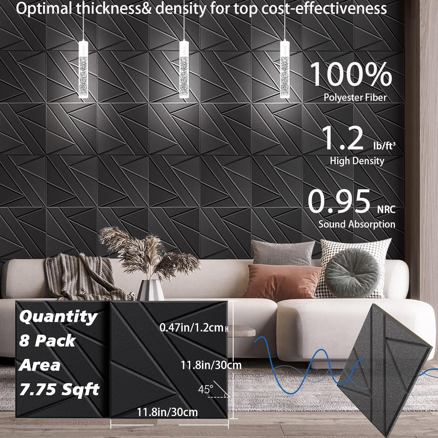 8 Pack Self-Adhesive Soundproof Wall Panels, 12 x 12 x 0.47 in Sound Proof Foam Panels for Walls, 1.2lb/ft³ High Density, Thicker 0.47in, Acoustic Panels, Noise Dampening Panels Studio Black