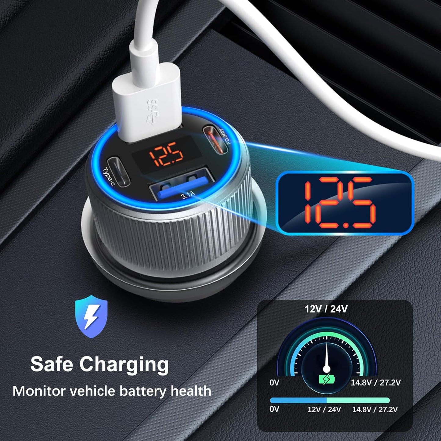 Car Charger USB C, 65W Multi Port Dual 12V Cigarette Lighter USB Car Charger Adapter with Voltage Display PD/QC 3.0 Super Fast Charge Car Phone Charger for iPhone 16 15 14 13 12 Pro Max Plus(Gray)