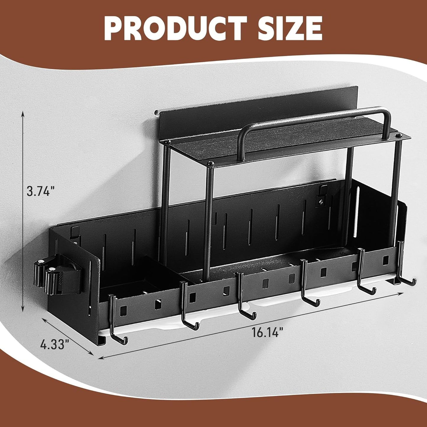 Wall-Mounted Cleaning Tool Organizer, 16.14x4.33x3.74 inches, Black Storage Rack with Drip Tray, Mop Holder with 5 Hooks