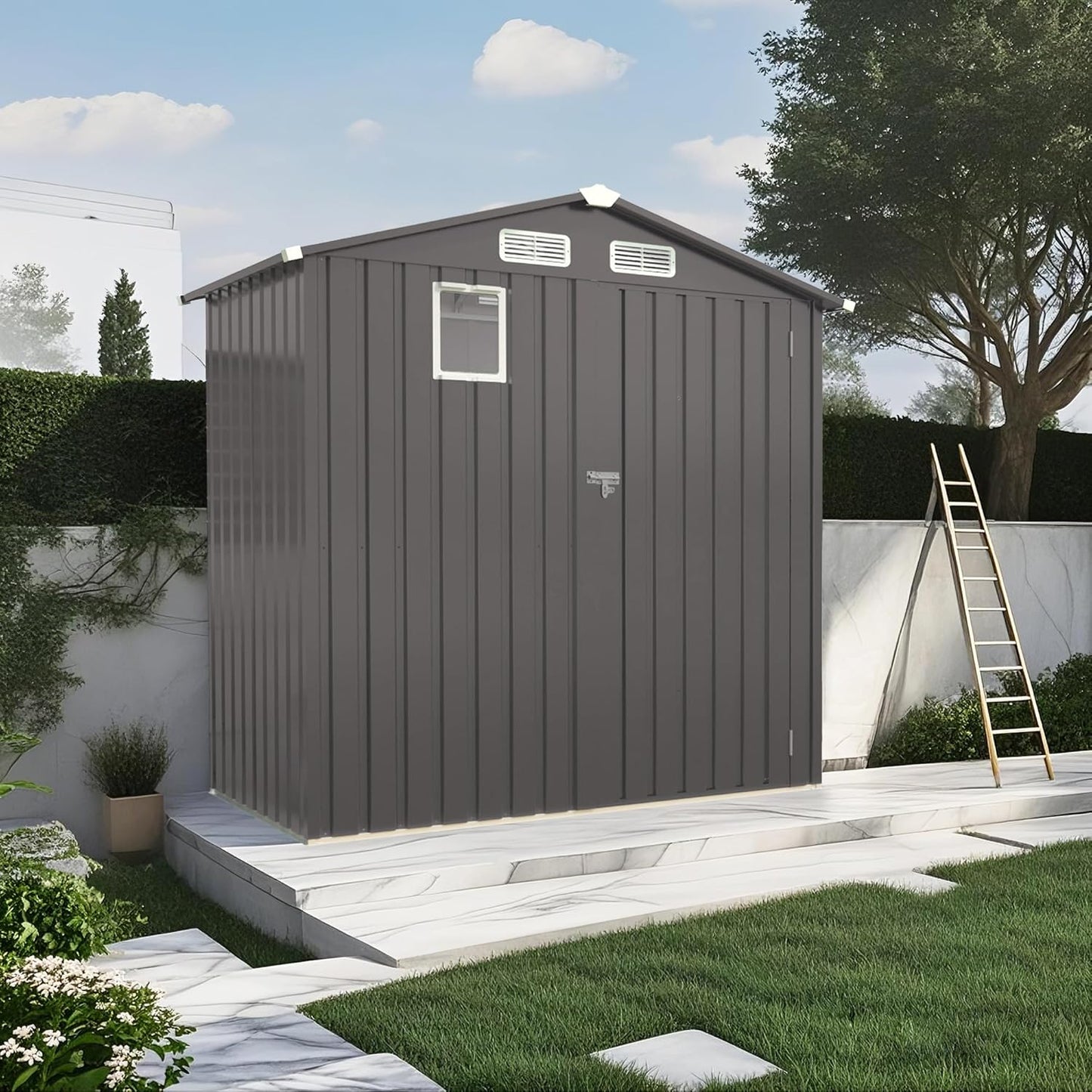 6X3.5 FT Outdoor Storage Shed with Window, Metal Garden Sheds w/Lockable Door and Vents, Waterproof Steel Tool House for Backyard, Patio, Lawn, Sundries & Utility Storage, Gray