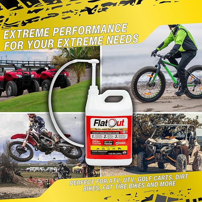 Flat Out Tire Sealant Sportsman Formula - Prevent Flat Tires - Seal Leaks - Sportsman Formula with Valve Core Tool - Contains Kevlar - Tubeless Tire Sealant - Fast-Acting Formula - 1 Gallon