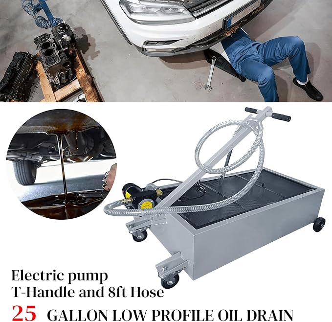 25 Gallon Oil Drain Pan with Electric Pump, Low-Profile Oil Pans for Changing Oil, T-Handle and J-Hook Makes Drain Easier, Gray