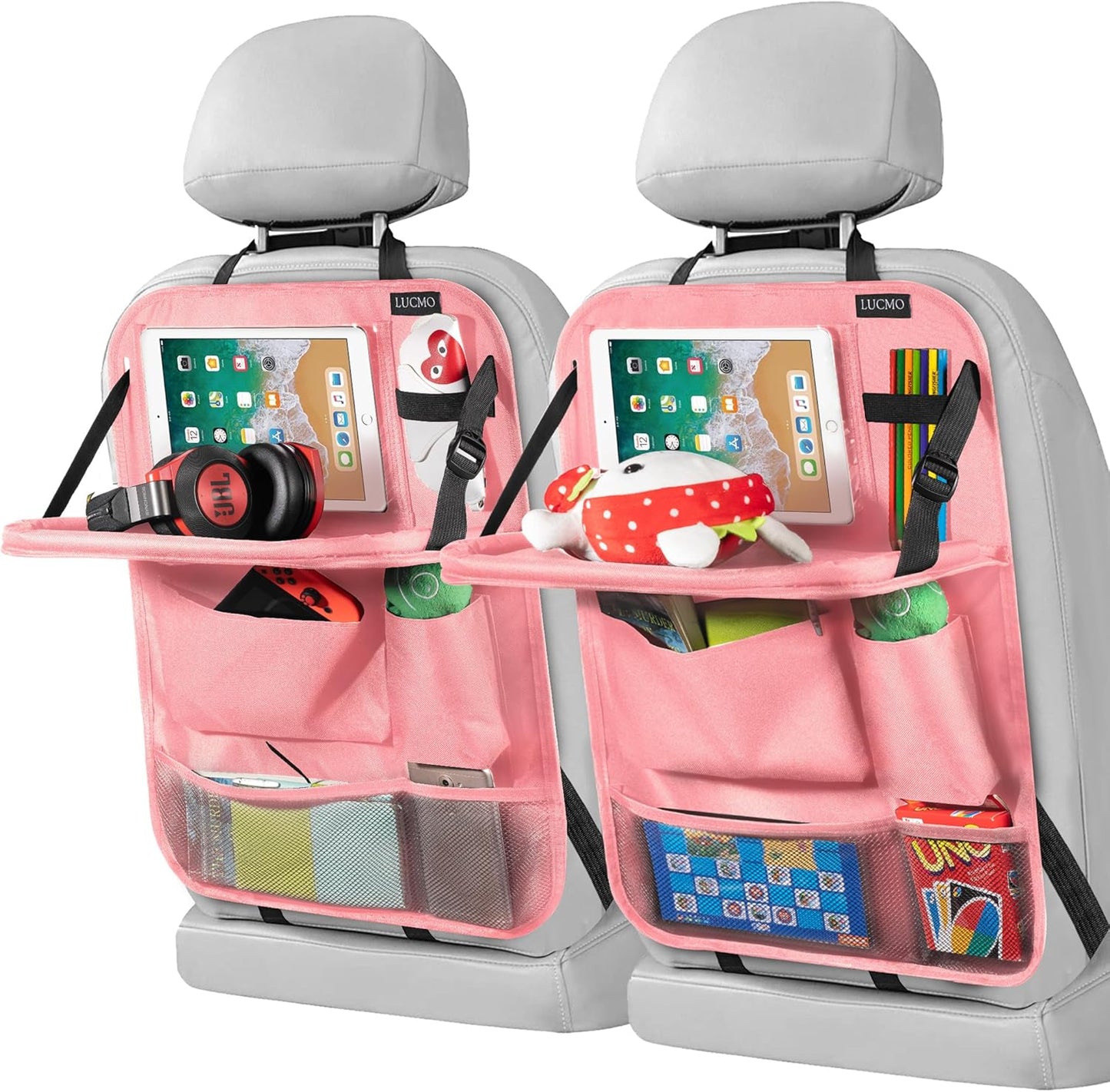 LUCMO Car Backseat Organizer with Tablet Holder-2 Pcs,6 Storage Pockets Car Storage Organizer with Foldable Food Tray,Protectors Kick Mats Travel Accessories-Pink
