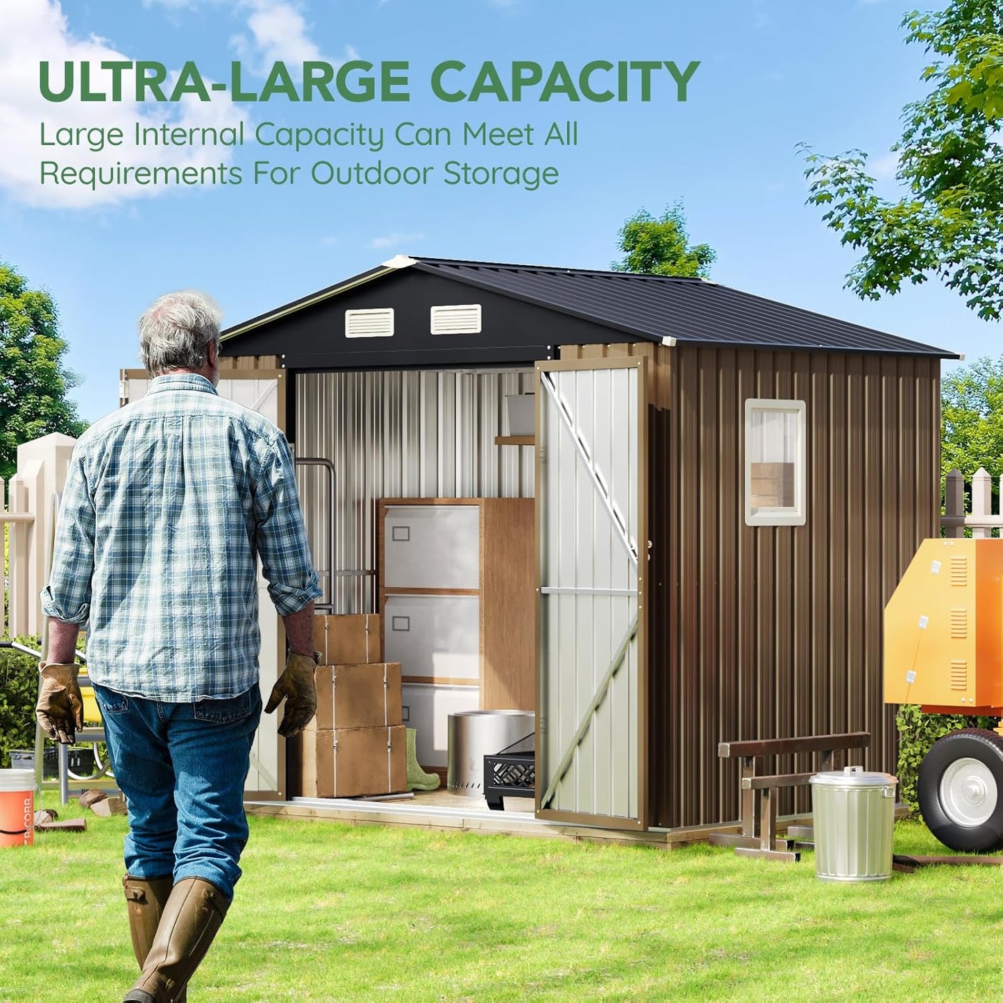 8X6FT Outdoor Steel Storage Shed with Lockable Doors, Frame Floor (No Wood/Other Boards),One Big Window,Ideal for Garden, Backyard, Patio Storage,Brown