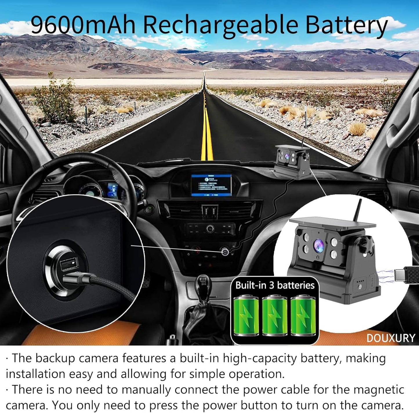 Wireless Backup Camera Solar Magnetic for Car RV Trailer Truck Camper 5th Wheels Hitch Towing No Wiring No Drilling Rechargeable Night Vision Portable Backup Camera with 5" 1080P HD 2-Split Monitor