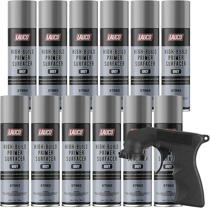 LAUCO High-Building Primer Surfacer Grey 13oz Aerosol Spray Can with Aerosol Spray Gun - Pack of 12 - For Automotive and Industrial Use