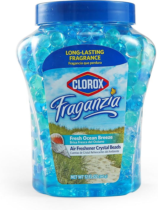 Clorox Fraganzia Crystal Beads Air Freshener in Fresh Ocean Breeze Scent - Long-Lasting Room Deodorizer - Odor Eliminator Gel Beads to Freshen Home, Car, or Office, 12 Fl Oz