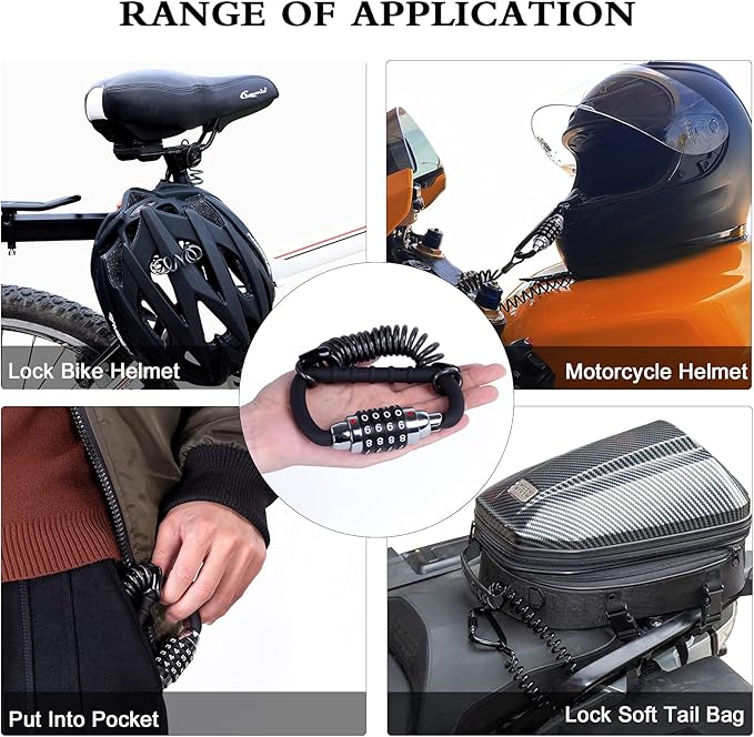 Motorcycle Helmet Cable Lock with 4 Digit Combination,Resettable Bike Lock with T Bar,Anti Theft Retractable Luggage Lock