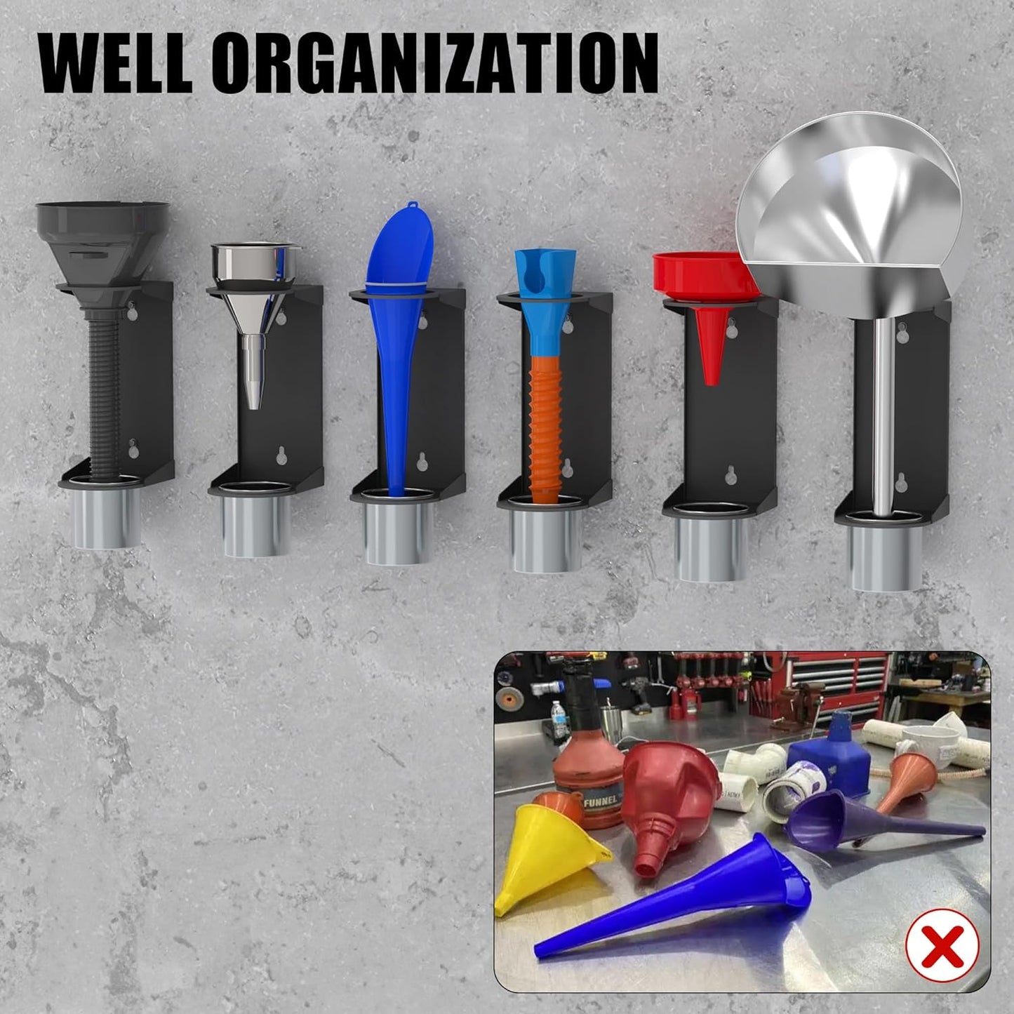 UNITEDPOWER Wall Mount Oil Funnel Holder, Organizer Storage Rack with Removable Collection Cup, Fluid Drain Caddy for Workshop, Shed, Garage, Home (Only Holder, No Funnel)