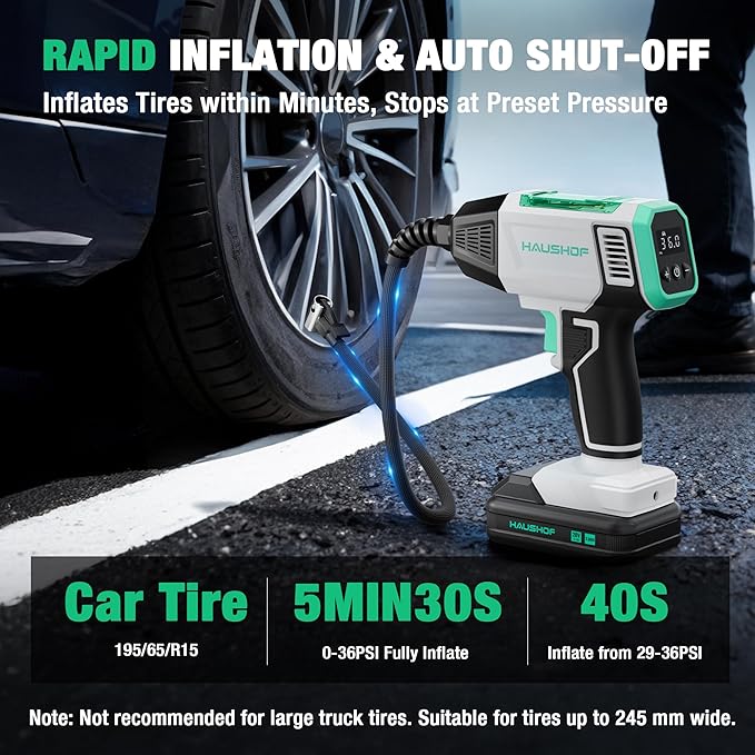 HAUSHOF Tire Inflator Portable Air Compressor, 150 PSI Cordless Air Pump with Digital Pressure Gauge, 20V Rechargeable Battery & 12V DC Power, Auto Shut-Off for Cars, Motorcycles, Bikes