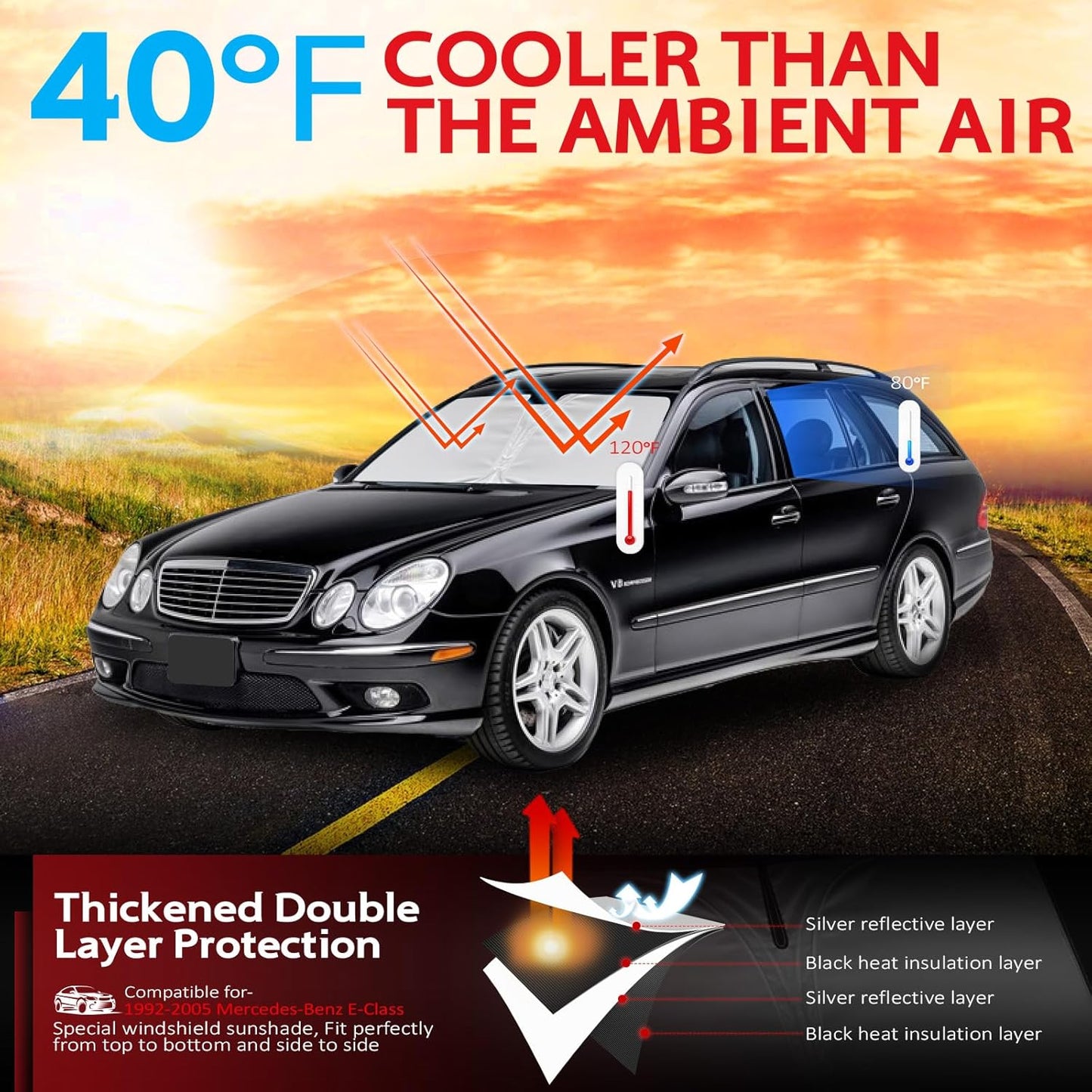 KAYZT Windshield Sun Shade for 1992-2005 Merce-des-Benz E Class E-Class E300 E320 E280 E420 E430 E500 Foldable Sunshade Front Window Custom Fit Car Accessories