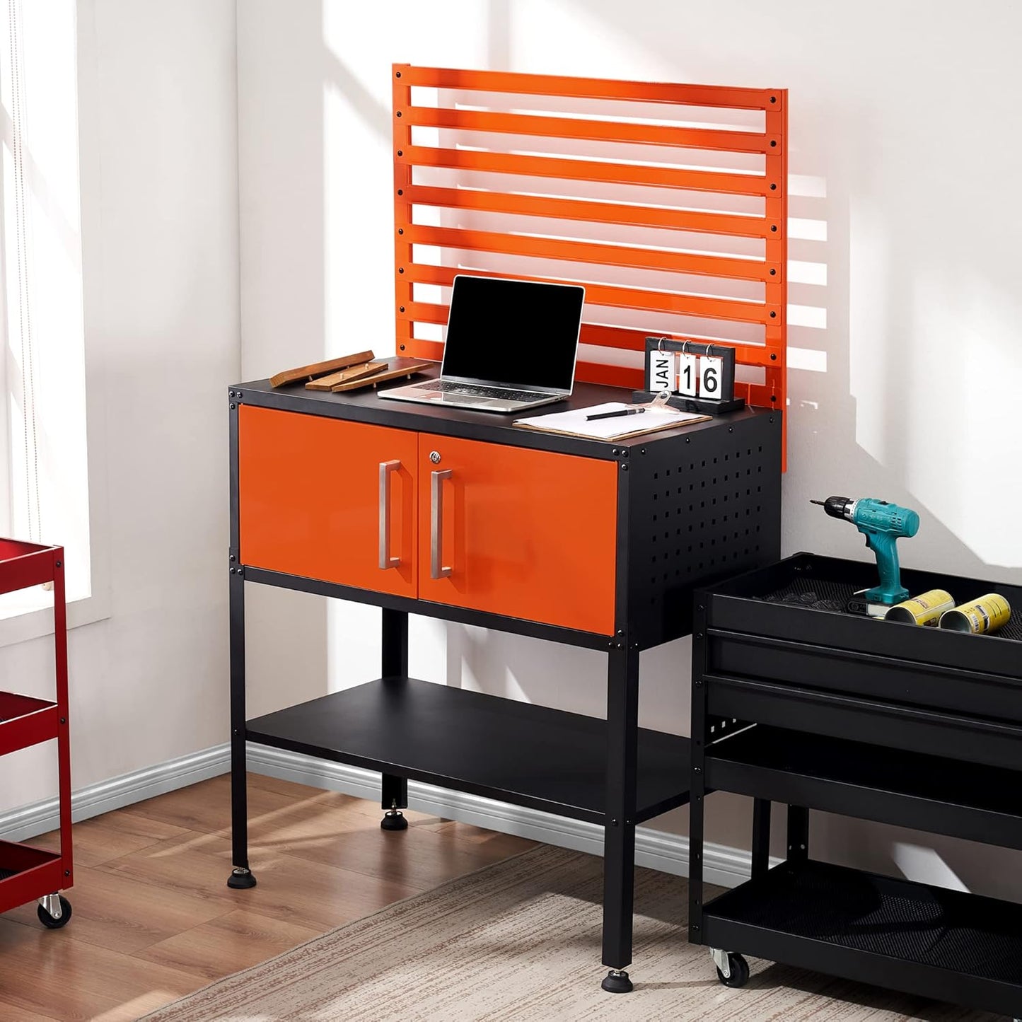 MCombo Metal Workbench for Garage, Adjustable Worktable with Storage Cabinet for Home Office, Basements, Bench-81 (Orange)