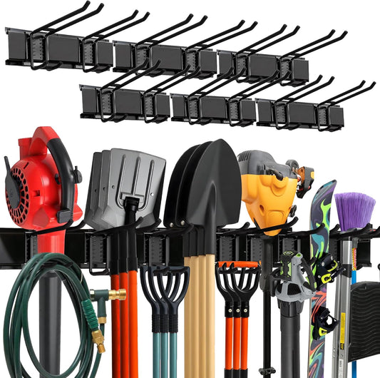 Garage Wall Organizer | 96" Heavy-Duty Tool Storage Rack | Adjustable Double-Layer Hooks | 600 lbs Capacity | Carbon Steel Wall Mount Holder for Shovels, Rakes, Ladders & Power Tools