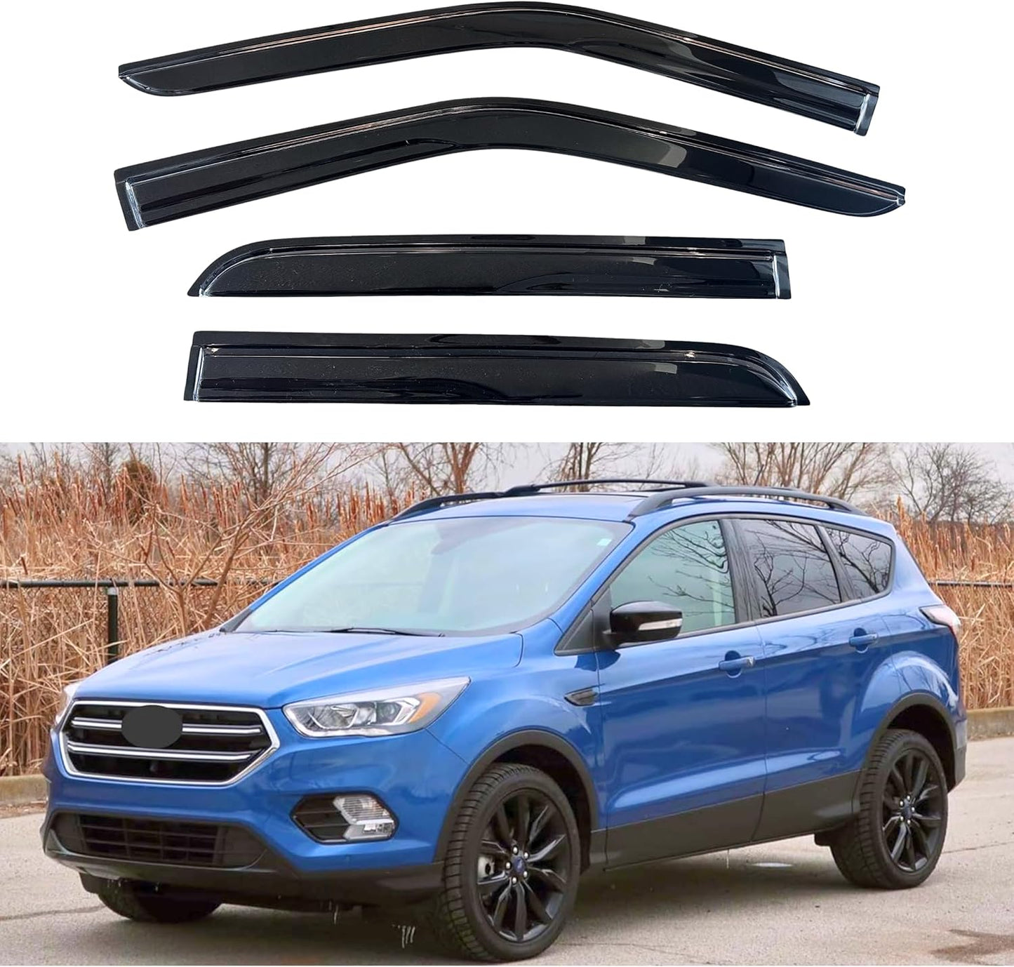 KPY Window Visor Compatible with Ford Escape 2013-2019, 4PC Rain Guard Side Window Vent Deflectors Tape-On Mugen Style, 2013 2014 2015 2016 2017 2018 2019