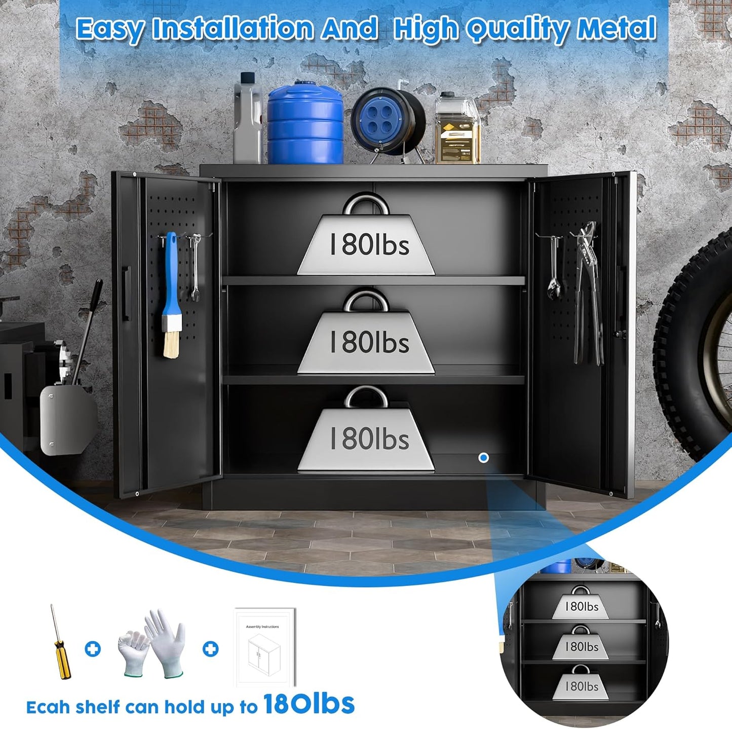 Metal Storage Cabinet with Pegboard 31.5”H×31.5”W×16.5”D, Lockable Rolling Steel Storage Cabinet with 2 Adjustable Shelves and Door for Garage, Office, Kitchen, Assembly Required(Black)