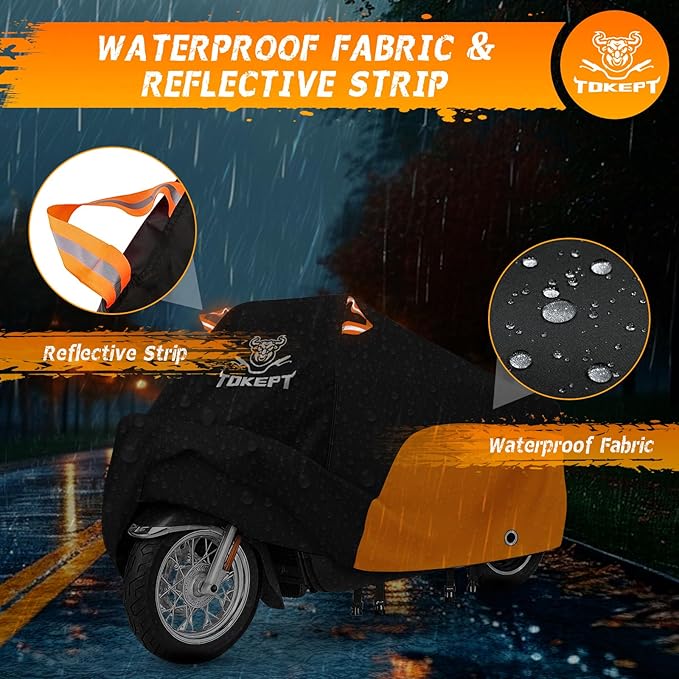 Motorcycle Cover, Heavy Duty Outdoor Waterproof Motorcycle Cover, Motorcycle Scooter Cover with Locking Holes for Yamaha Honda Suzuki Kawasaki up to 104 Inch (XXL Black&Orange)