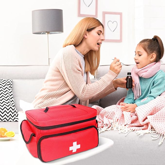 First Aid Bag Empty First Aid Kit Storage Box 12" x 9" x 7" Medical Bag Portable Pill Bottle Organizer Case for Car, Travel, Office, Outdoor, Camping, Hiking, School (Red)