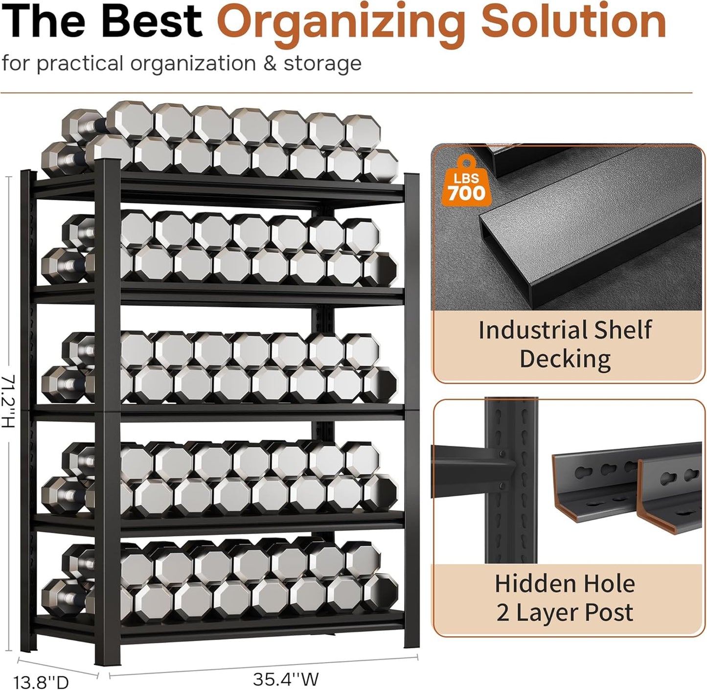 3500 LBS Garage Shelving Heavy Duty 5-Tier Adjustable Storage Shelves Unit,71''H Metal Utility Rack Shelf for Industries, Warehouses, Basement,Black (71.2''H x 35.4''W x 13.8''D)