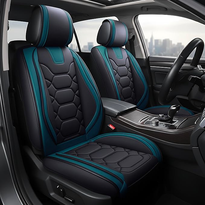 OASIS AUTO Car Seat Covers Front Seats, Waterproof Faux Leather Seat Covers for Cars Universal Fit for SUV, Truck, Sedan, Black Premium Car Seat Protector with Cushions (OS-004 Black&Teal)