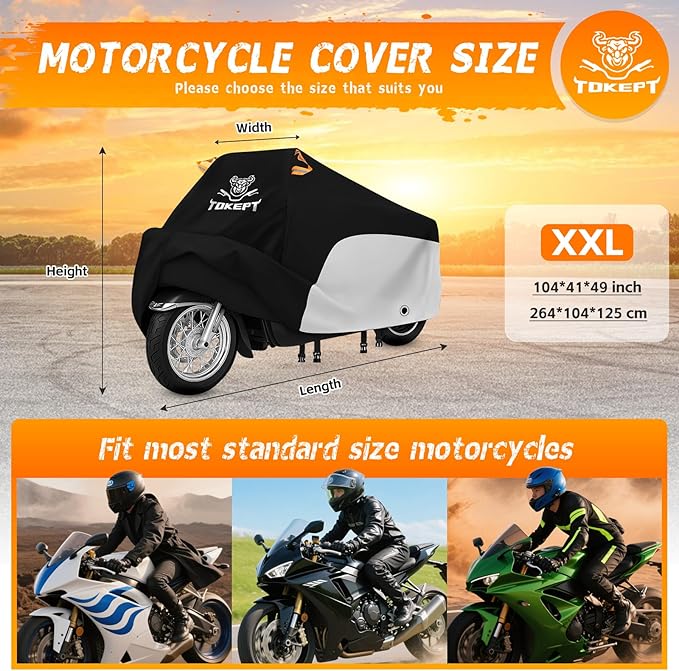 Motorcycle Cover, All-Weather Universal Motorcycle Outdoor Waterproof Cover with Locking Holes & Reflective Strips for 104″ Yamaha Kawasaki Motorbike Accessories(Black&Silver)
