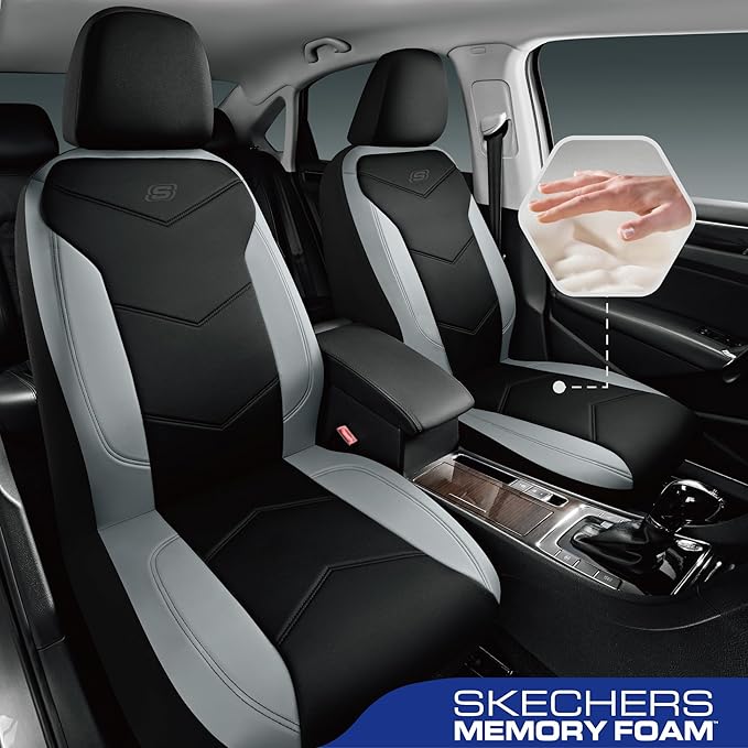Skechers Memory Foam Seat Covers,Leather Car Seat Covers, Ultimate Comfort & Support Seat CoversFull Sets,Airbag Compatible, Automotive Universal Fit Most for SUVs, Vans, Sedans, Cars, Trucks,Gray