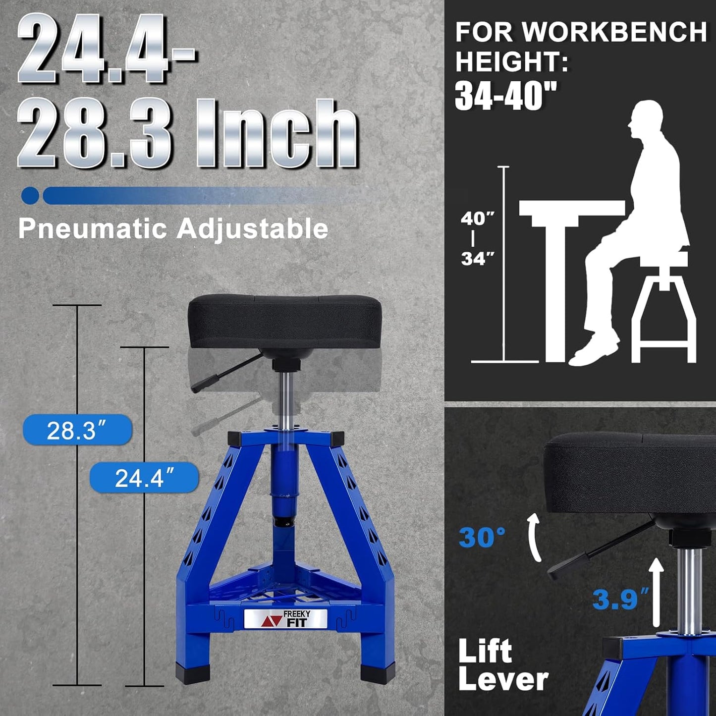 Adjustable Shop Stool,Garage Mechanic Stool Chair,Work Seat for Workshop, Adjustable Height, 360° Swivel Padded Square Seat,Tool Storage, 350 LBS Capacity, Heavy Duty, Blue